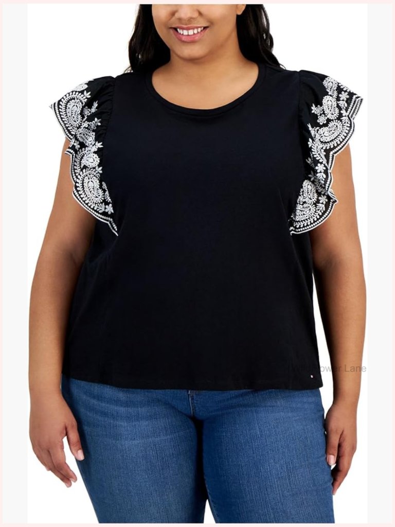 Embroidered Eyelet Flutter Sleeve Blouse Cotton Keyhole Neck Top